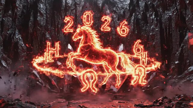 Celebrating Lunar New Year 2026 Horse Shio with Vibrant Fireworks and Illuminated Horses in a Forest at Night