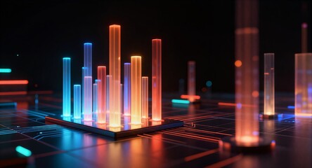 Neon glowing bars on futuristic circuit board, vibrant data visualization in dark space.