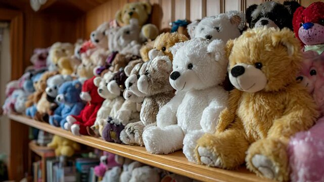 Teddy bears on shelf in cozy room