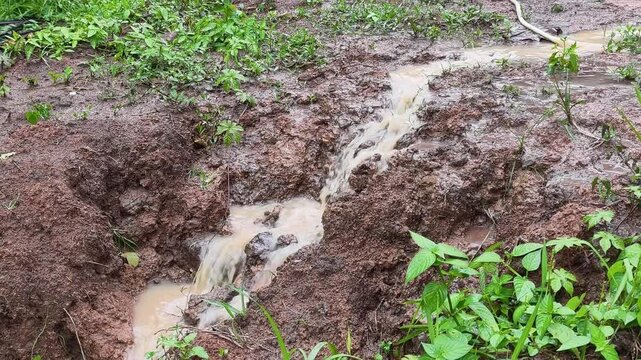 Rainwater creating flowing streams on the ground during heavy rainfall