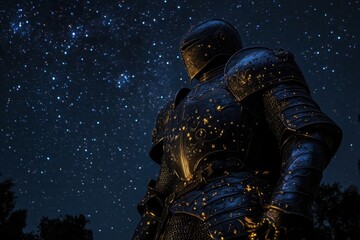 Fototapeta premium Knight in shining armor gazes at the starry night sky in a serene landscape