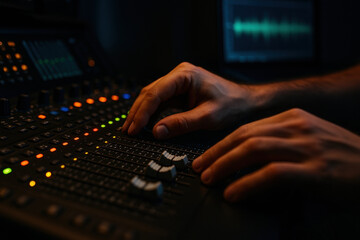 Sound engineer adjusting audio mixing console in dark recording studio with colorful control panel lights