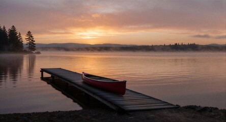 Red canoe rests by wooden dock on misty lake at golden sunrise, calm waters reflect dawn hues.