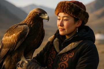Young falconer holding majestic golden eagle in rugged mountain landscape at sunset, traditional nomadic culture and wildlife partnership