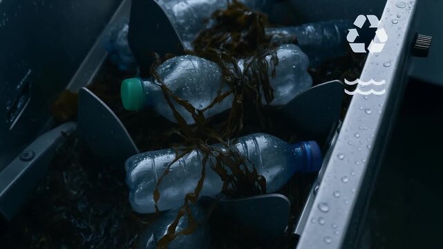 Powerful machine cleaning water droplets by recycling plastic bottles and removing seaweed to protect environment and promote sustainability