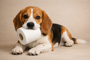 Playful beagle dog lying on floor holding toilet paper roll in mouth, mischievous pet behavior in home interior setting