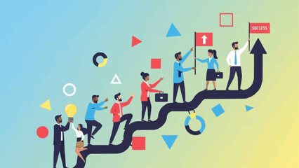 Obraz premium Team Climbing Upward Arrow Towards Success and Goals.