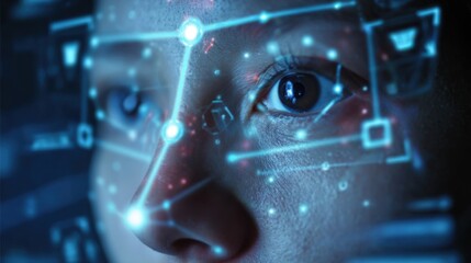 Medium shot capturing a facial recognition system verifying a users identity in a secure biometric financial hub