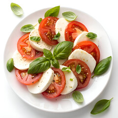 a plate of tomatoes mozzarella and basil on white background