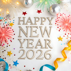 Happy new year 2026 greeting card with colorful fireworks and confetti