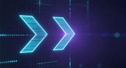 Digital arrows glow blue on dark grid, futuristic tech vibe with lens flare and pixelated texture.