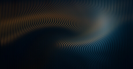 Abstract dark background with wavy metallic lines in blue and gold tones © Yasmin