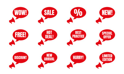 Promotion Label Megaphone Vector Set with Speech Bubbles for Sale, Discount and Special Offers. Isolated Vector Illustration.