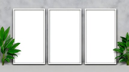 Three White Frames with Green Plants.