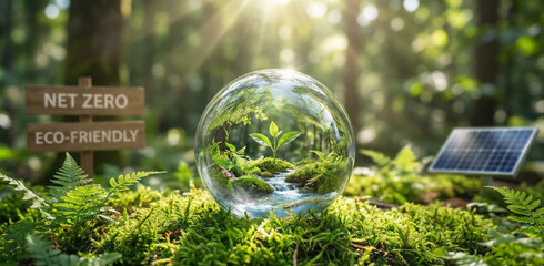 Transparent glass globe resting on green foliage with soft sunlight in the background, environmental protection and sustainability concept, global ecology and nature balance theme