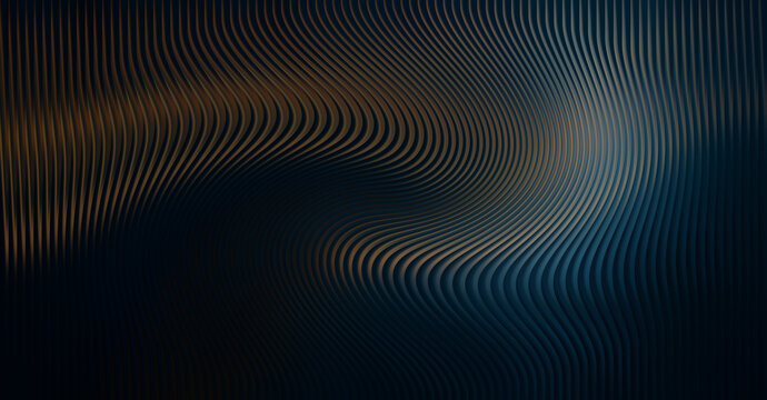 Abstract dark background with wavy metallic lines in blue and gold tones