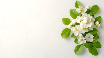 White Flowers and Green Leaves on White.