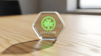 Eco friendly future concept with glowing green tree logo on glass