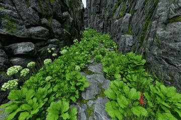 Overgrown path winds between tall, jagged, mossy stone walls