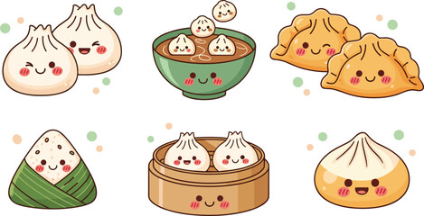 Cute Asian dumpling illustration set featuring bao buns, soup dumplings, steamed snacks, and kawaii food characters for menu and branding designs