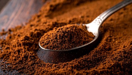 A close-up shot of rich, aromatic ground coffee powder spread across a textured wooden surface, with a silver spoon filled with the fine grains, evoking the essence of a morning brew and cafe culture