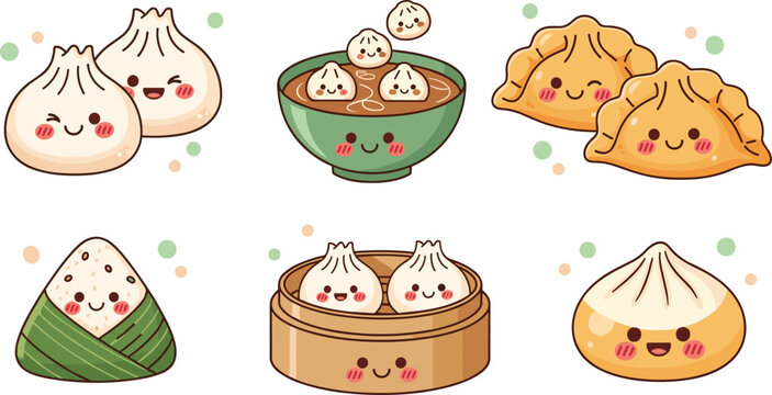Cute Asian dumpling illustration set featuring bao buns, soup dumplings, steamed snacks, and kawaii food characters for menu and branding designs