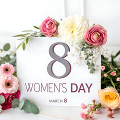 Happy Women's Day Pastel Candy Colors Background. Floral flat lay greeting card with beautifully wrapped present.