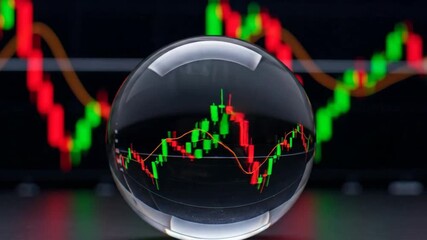 Transparent Sphere Reflecting Financial Data Charts with Red And Green Lines Against Black Background