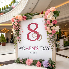 Happy Women's Day Pastel Candy Colors Background. Floral flat lay greeting card with beautifully wrapped present.