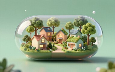 Obraz premium Tiny village in glass dome, green trees, cozy houses, soft light, miniature world.