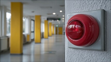 A red fire alarm is installed on the wall of the school corridor