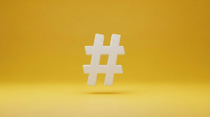 White 3D hashtag symbol floating on yellow background for social media marketing. Ideal for internet digital viral communication tagging concepts in modern advertising.