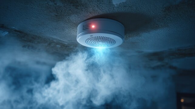 The smoke detector on the ceiling signals the presence of smoke.