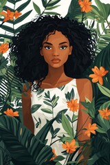 Young girl with short hair, wearing dress, stands amidst a vibrant field of wildflowers, capturing a serene moment in nature, evoking feelings of innocence and tranquility.  illustration of a woman.