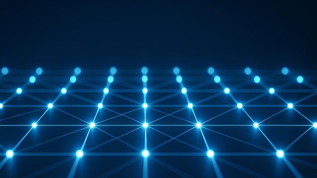 Blockchain security network with geometric nodes and glowing connections on a dark blue background - Powered by Adobe