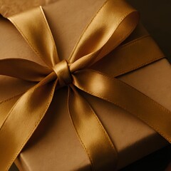 gold satin ribbon bow on brown gift box close up