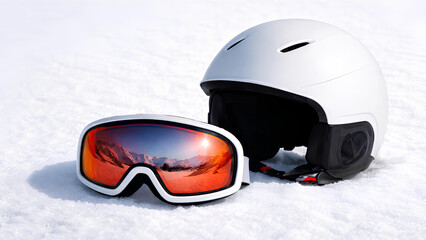 close up ski helmet and goggles on fresh snow with reflection