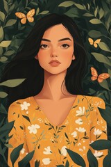 Confident woman with dark hair wearing vibrant floral dress stands amidst lush greenery and bright  flowers, embodying strength and beauty in natural setting. an illustration of a woman.