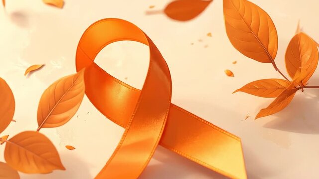 Orange Ribbon Symbol with Autumn Leaves Arrangement on Light Background Overhead Perspective