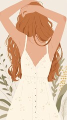 Woman with long hair, wearing  dress, stands among lush green foliage, hands placed on her head, creating a serene and tranquil atmosphere in nature