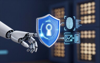 Robotic hands hold glowing shield, symbolizing advanced cybersecurity protection.