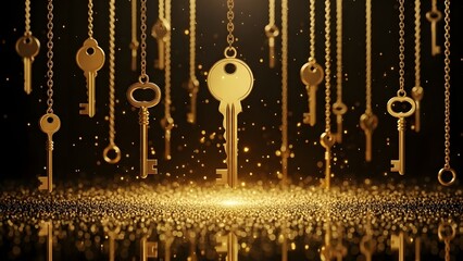 Collection of golden keys hanging on chains over sparkling ground. Success and access concept. Multiple antique and modern gold keys floating in a dark room with glitter