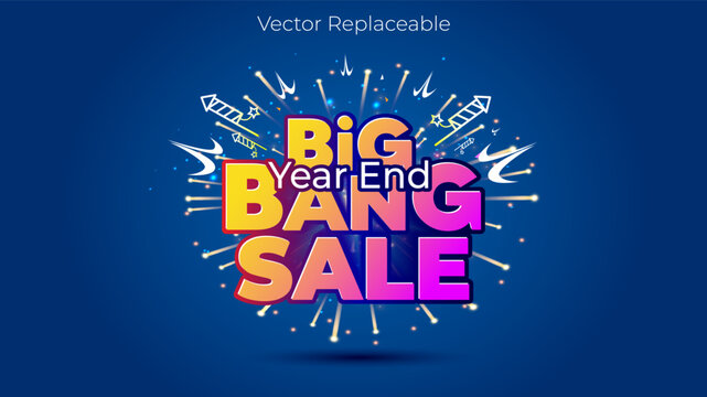 3D vector illustration of Year end big bang sale logo with festive fireworks crakers on blue background.
