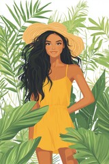 Young woman with curly hair wearing dress stands gracefully among lush foliage, embodying serene connection with nature and showcasing beauty in vibrant environment. illustration of beautiful woman.