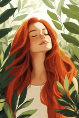 Young woman with vibrant red hair, wearing top, surrounded by lush green foliage and delicate flowers, embodying tranquility and connection with nature in a serene illustration