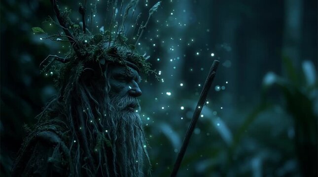 Dreamlike scene of Slavic forest spirits swirling as tiny glowing wisps around Leshy. Ancient myth comes to life in a mystical woodland atmosphere filled with magic, folklore, and soft ethereal light.