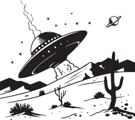 Retro UFO Flying Saucer over Desert Landscape with Cactus and Stars Illustration