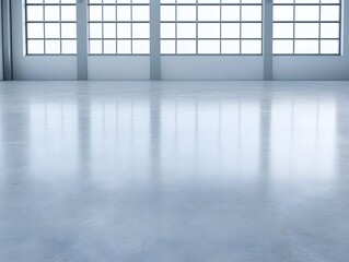 Empty white room with shiny floor and grid windows.
