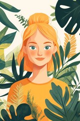 Young girl with short hair, wearing dress, stands amidst a vibrant field of wildflowers, capturing a serene moment in nature, evoking feelings of innocence and tranquility.  illustration of a woman.