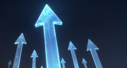 Glowing blue arrow rises above smaller arrows, symbolizing growth and progress in digital space.